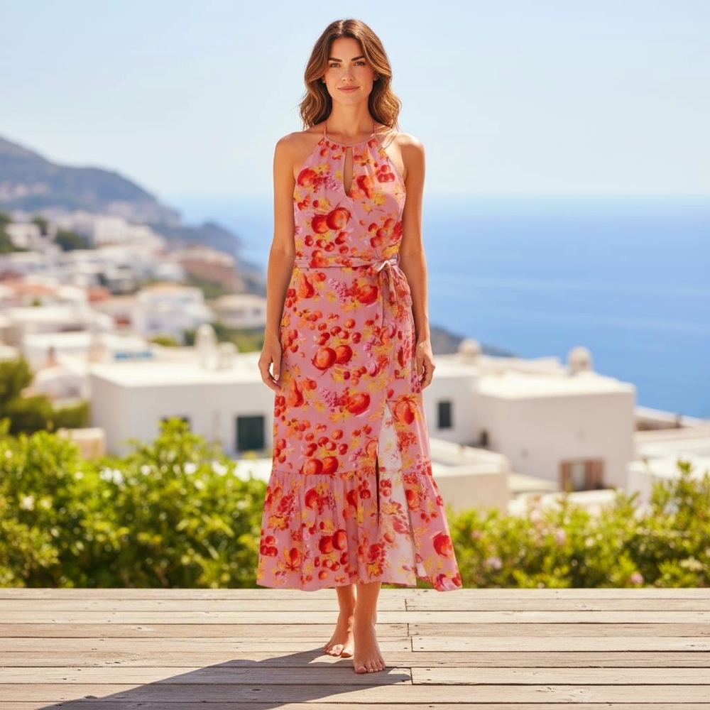 PAIGE Foxglove Ambrosia Fruit Jade Midi Dress XL Pink Red Orange Halter Neck